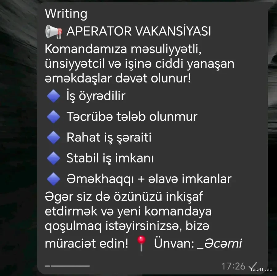 Aperatorluğa vakansiya açılıb