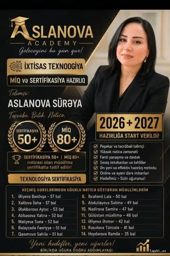 Aslanova Academy. Texnologiya Miq və sertifikasiya hazırlıq Aslanova Sürəya 👩🏻‍🏫